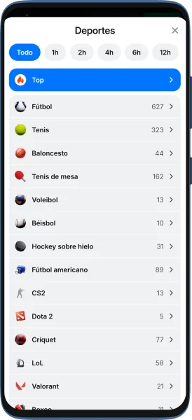 captura de pantalla de la app de 1win deportes destacados